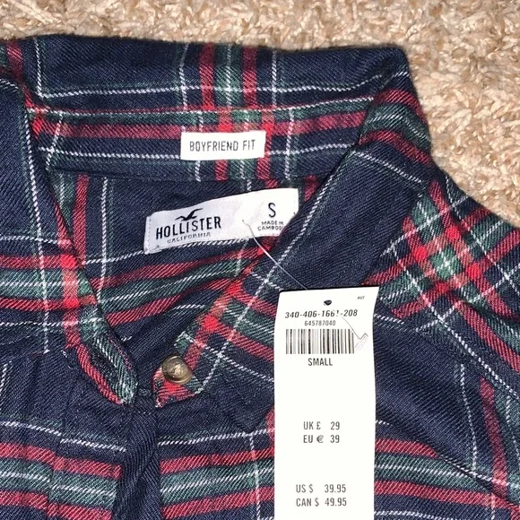 NWT Hollister Women’s Navy and Red Plaid Button-Front Boyfriend Fit Shirt Small - Picture 2 of 7